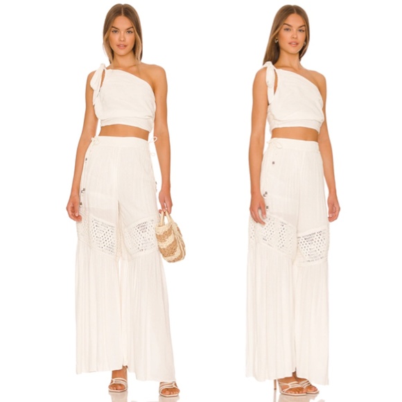 NEW Free People Keeley SET Ivory Cream White - Crop Top + Flowy Pants - Large L - Picture 1 of 2
